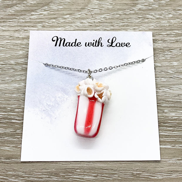 Tiny Popcorn Charm Necklace, Love is Sharing Your Popcorn Card, Miniature Food Necklace, Friendship Gift, Cute Friend Birthday, Couples Gift