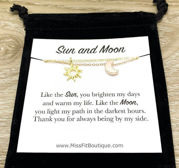 Sun and Moon Necklace Set for 2, Friendship Necklaces, Dainty Celestial Jewelry, Crescent Moon Pendant, Grad Gift for Best Friend