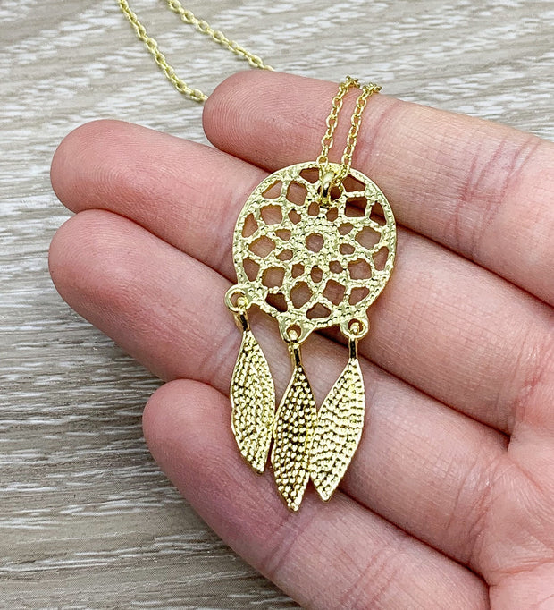 Dream Catcher Necklace Gold, Daughter Gift, Statement Necklace, Dainty Necklace, DreamCatcher Jewelry, Spiritual Jewelry, Gift for Teen