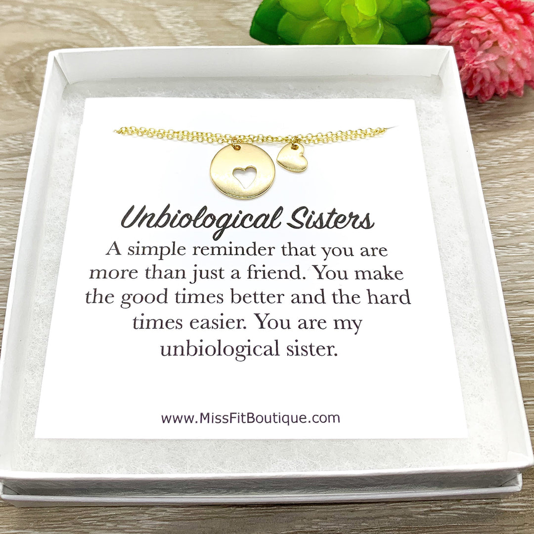 Unbiological Sisters Gift, Heart Necklace Set for 2, Gift for Friend, Like a Sister to Me, Friendship Necklaces, Simple Reminders Jewelry