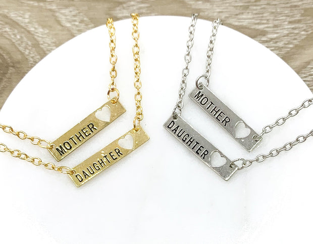 Mother and Daughter Necklace with Gift Box, Bar with Heart Necklaces, Two Balance Bar Pendants, Every Day Necklace, Gift for Daughter