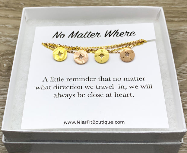 No Matter Where, Compass Necklace Set for 4  Gift from Best Friend, Matching Friendship Necklaces, Going Away Gift, Long Distance Friends