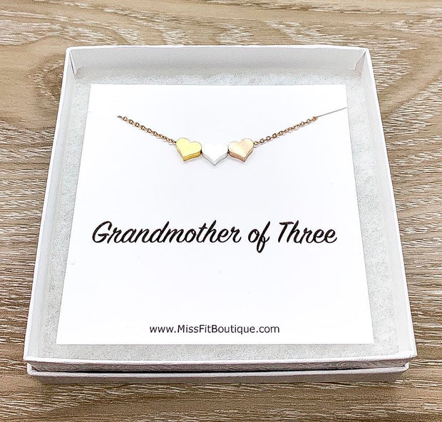 GrandMother of Three Gift, 3 Hearts Necklace with Personalized Card, Mother Necklace, Gift for Mom, Gift for Mom Jewelry, Dainty Necklace