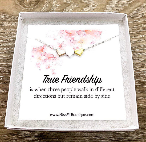 True Friendship Quote Necklace, 3 Hearts Pendant Necklace, BFF Necklace, Gift for Best Friend, Personalized Message Card, Birthday