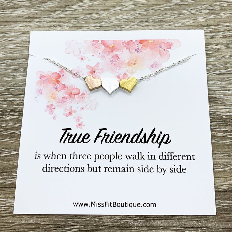 True Friendship Quote Necklace, 3 Hearts Pendant Necklace, BFF Necklace, Gift for Best Friend, Personalized Message Card, Birthday