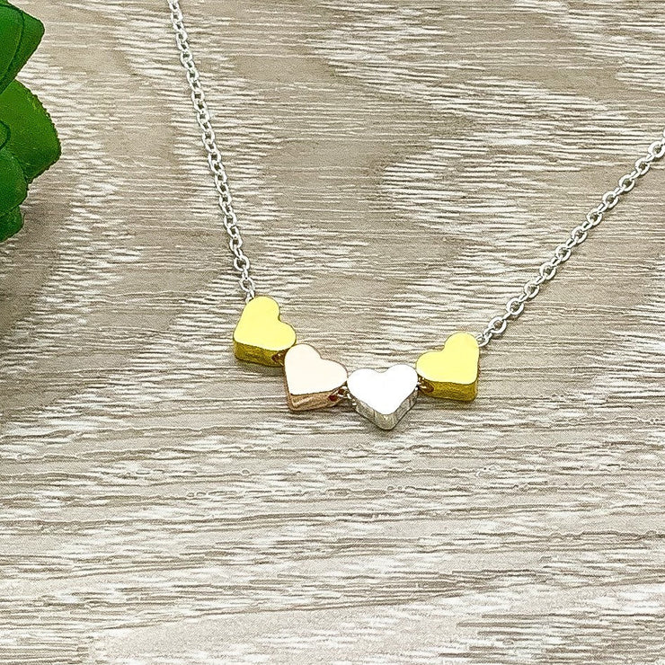 Mother of 4, Tiny Four Hearts Necklace with Card, Gift from Daughters, Mommy Necklace, Birthday Gift, Gift from Kids, Mom Gift from Children