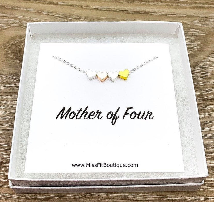 Mother of 4, Tiny Four Hearts Necklace with Card, Gift from Daughters, Mommy Necklace, Birthday Gift, Gift from Kids, Mom Gift from Children