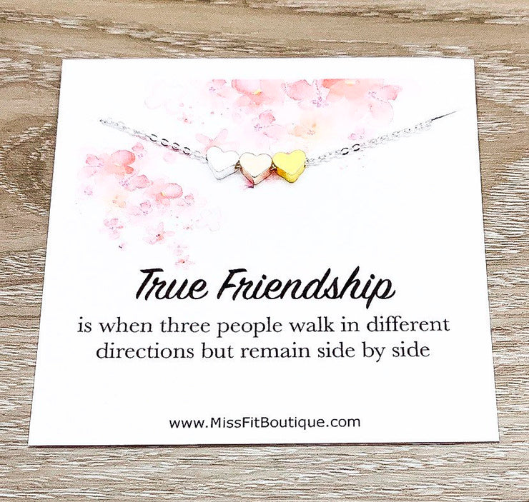 True Friendship Quote Necklace, 3 Hearts Pendant Necklace, BFF Necklace, Gift for Best Friend, Personalized Message Card, Birthday