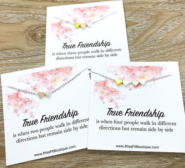 True Friendship Quote Necklace, 2, 3 or 4 Hearts Pendant Necklace, BFF Necklace, Gift for Best Friend, Personalized Message Card, Birthday