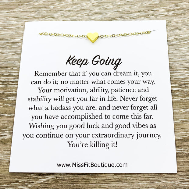 Keep Going Card, Tiny Heart Pendant Necklace, Motivational Quote, Encouragement Gift, Gift for Friend, Simple Reminders Jewelry