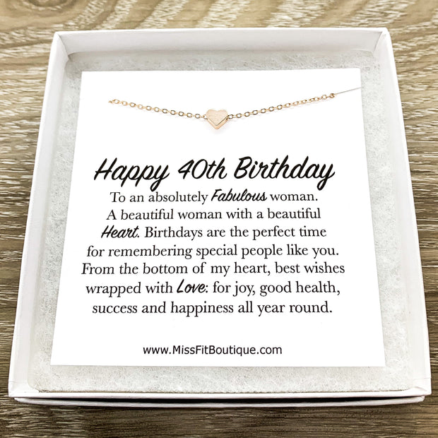 Happy 40th Birthday Card, Tiny Heart Pendant Necklace, 40 Years Old Jewelry, Forty Celebration, Gift for Best Friend, Custom Message Card
