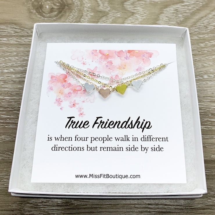 True Friendship Quote, Tiny Heart Pendant Necklace Set for 4, Matching Necklaces, Best Friend Gift, Gift for Friend, Simple Reminders