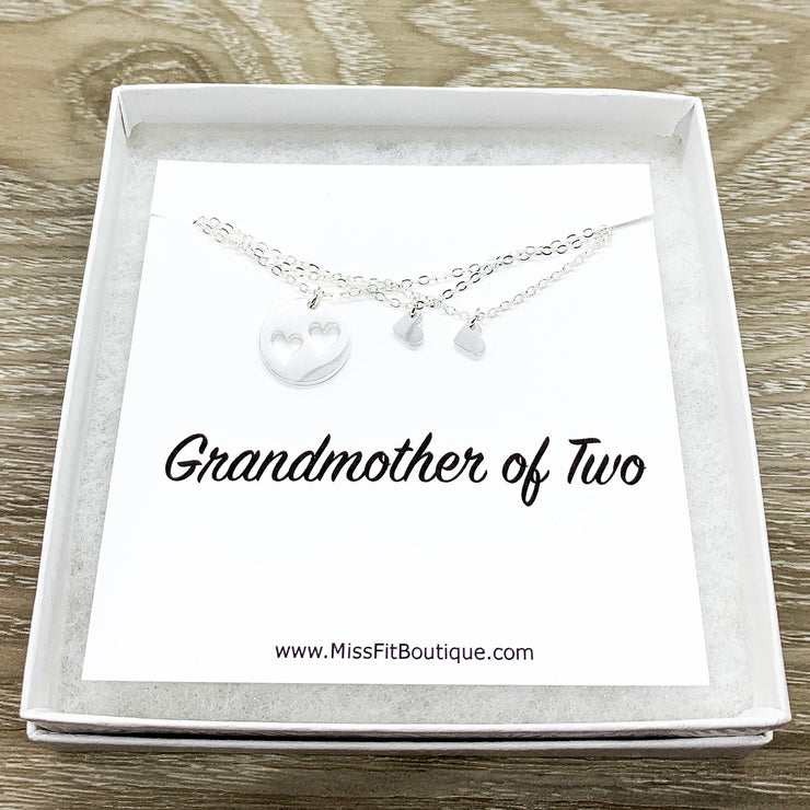 Grandmother of 2 Gift, Sharable Necklace Set for 3, Gift for Grandma Matching Necklaces, Tiny Heart Cutout Pendant, Gift from Grandchildren