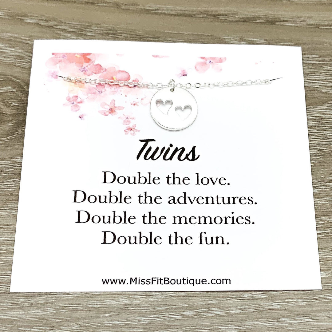 Mother of Twins Gift, Silver Heart Necklace, Gift for Mom to Be, 2 Hearts Cutout Pendant, Pregnant Friend Gift, Expecting Twins Card