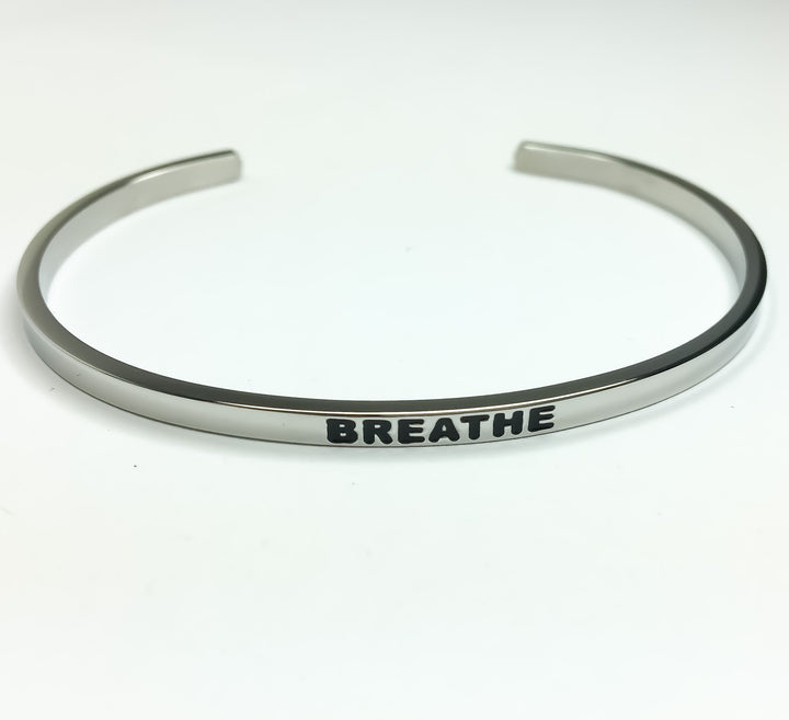 Breathe Cuff Bangle Bracelet, Fearless Gift, Gift for Friend, Thin Mantra Bracelet Silver, Minimalist Bracelet, Friendship Jewelry, Inspire