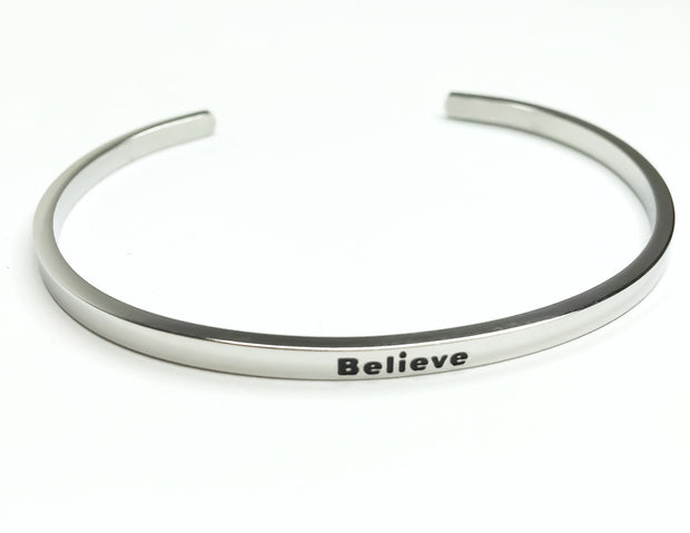 Believe Cuff Bangle Bracelet, Faith Gift, Gift for Friend, Thin Mantra Bracelet Silver, Minimalist Bracelet, Friendship Jewelry, Inspire