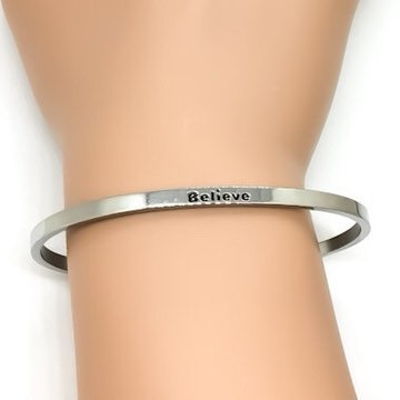 Believe Cuff Bangle Bracelet, Faith Gift, Gift for Friend, Thin Mantra Bracelet Silver, Minimalist Bracelet, Friendship Jewelry, Inspire