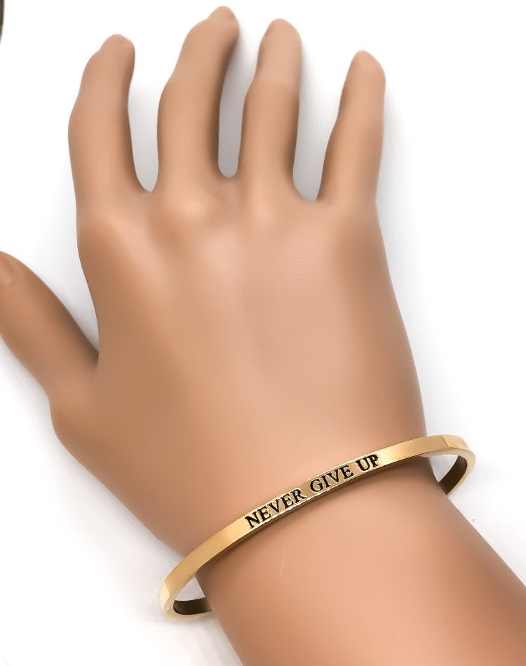 Never Give Up Cuff Bangle Bracelet, Fearless Gift, Gift for Friend, Thin Mantra Bracelet Silver, Minimalist Bracelet, Friendship Jewelry