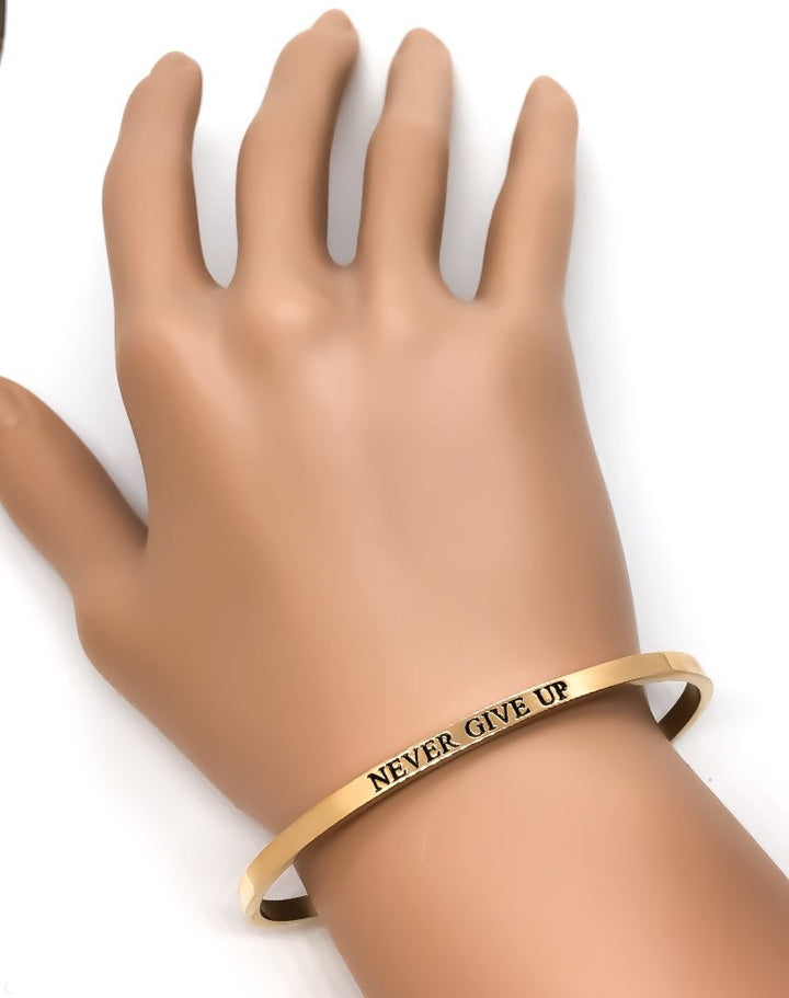 Never Give Up Cuff Bangle Bracelet, Fearless Gift, Gift for Friend, Thin Mantra Bracelet Silver, Minimalist Bracelet, Friendship Jewelry