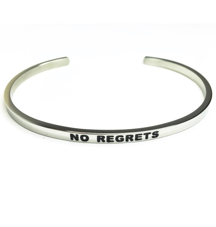 No Regrets Cuff Bangle Bracelet, Faith Gift, Gift for Friend, Thin Mantra Bracelet Silver, Minimalist Bracelet, Friendship Jewelry, Inspire