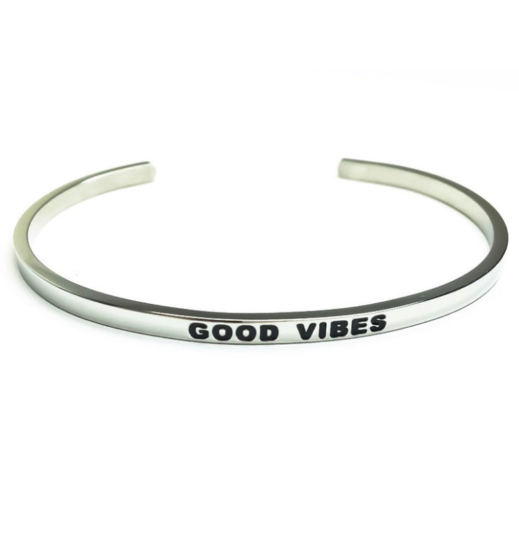Good Vibes Cuff Bangle Bracelet, Gift for Friend, Thin Mantra Bracelet Silver, Minimalist Bracelet, Friendship Jewelry, Inspire, Positivity