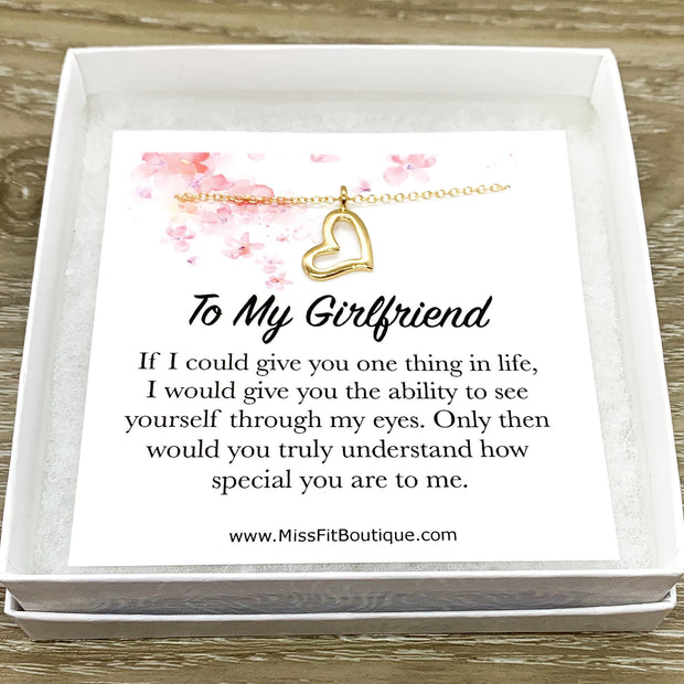 Girlfriend Gift, Dainty Heart Necklace, Anniversary Gift, Gift from Boyfriend, Heartfelt Card, Sentimental Gift, Girlfriend Birthday Gift