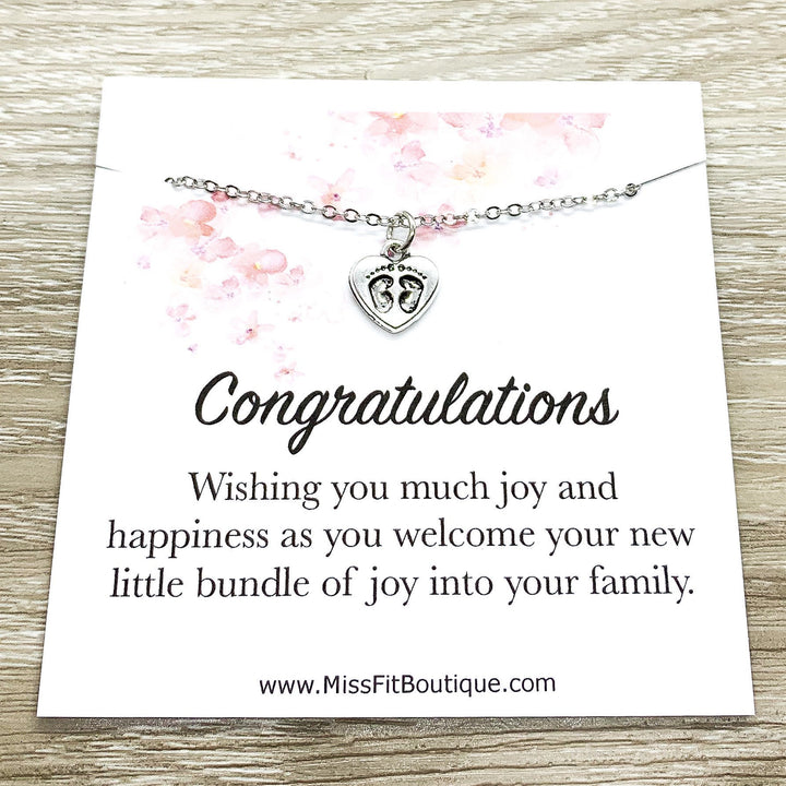 Card for Mom To Be, Tiny Heart Necklace with Footprints, New Baby, Expectant Mother Gift, Motherhood Keepsake, Gift for New Mommy