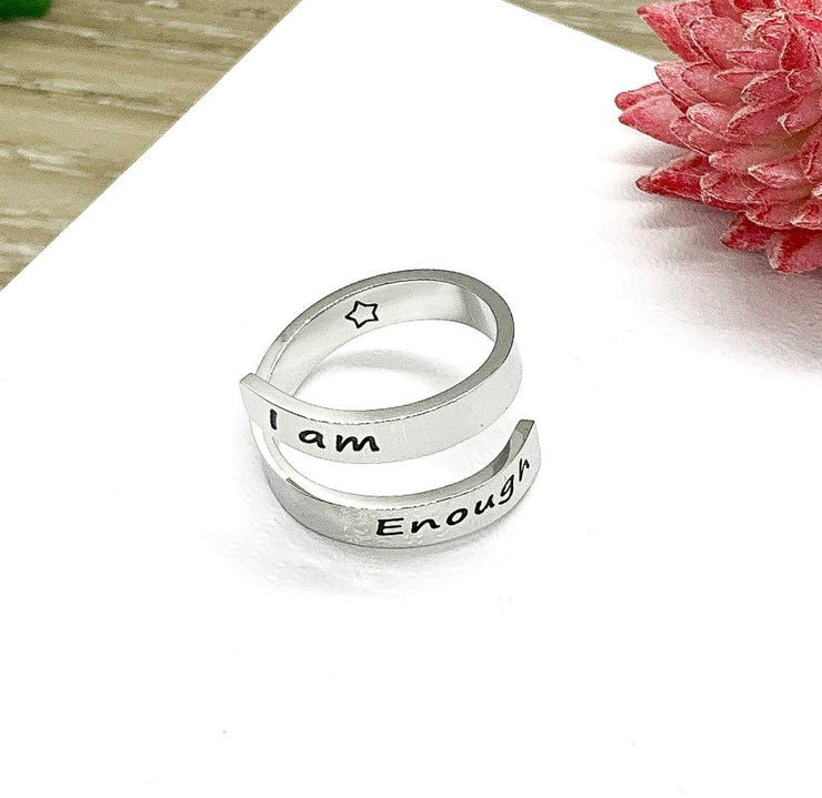 I Am Enough Wrap Ring, Motivational Jewelry, Uplifting Jewelry, Midi Ring, Thick Laser Engraved, Statement Ring, Gift for Friend, Self Love