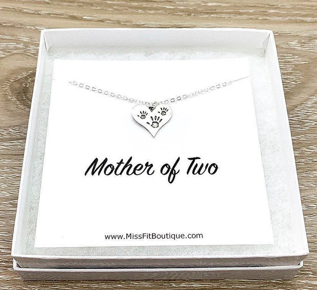 Mother of Two Gift, Tiny Handprints Necklace, Silver Heart Pendant, Gift from Kids to Mom, Mommy Birthday Gift, Sentimental Necklace