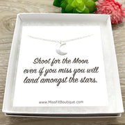 Silver Crescent Moon Necklace with Card, Shoot for the Moon, Minimalist Jewelry, Inspirational Jewelry, Encouragement Gift, Thinking of You