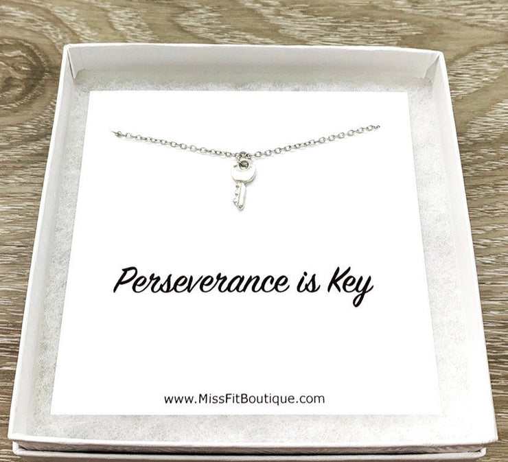 Perseverance is Key Card, Tiny Key Necklace, Motivational Jewelry, Inspirational Necklace, Minimalist Jewelry, Encouragement Gift, Student
