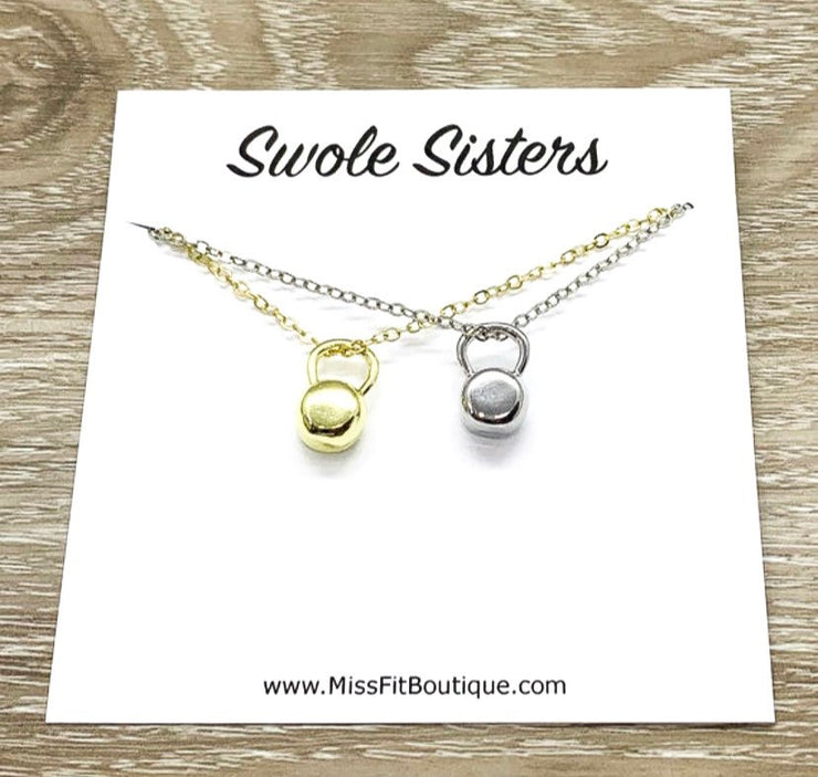 Swole Sisters Gift, Kettlebell Necklace Set for 2, Fitness Jewelry, Tiny Kettlebell Pendant, Swole Mates Gift, Weightlifting Gift