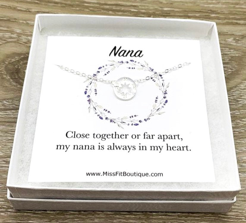 Nana Gift, Compass Charm Necklace, Long Distance Relationship Card, Gift for Grandma, Mimi Gift, Compass Jewelry, Birthday Gift