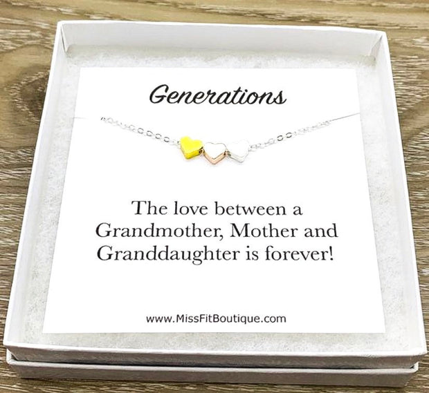 3 Hearts Necklace with Card, Mom Necklace, Meaningful Gift, Generations Gift, Grandmother Necklace, Dainty Jewelry, Granddaughter Gifts