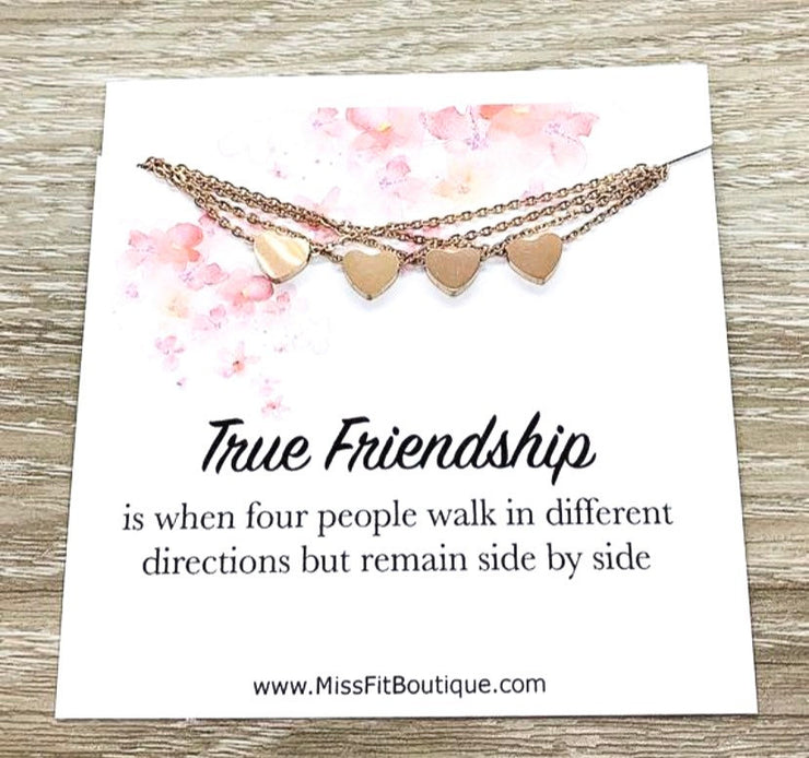 True Friendship Quote, Matching Heart Necklace Set for 4, Long Distance Friends, Simple Reminder Gift, Gift for Bestie, Gift for Best Friend