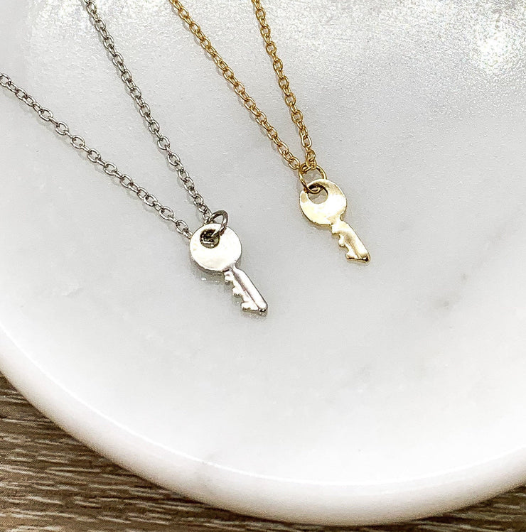 Tiny Silver Key Necklace, Gift for Student, Friendship Necklace, Key Shaped Pendant, Skeleton Key Charm, Student Gift, Simple Reminders