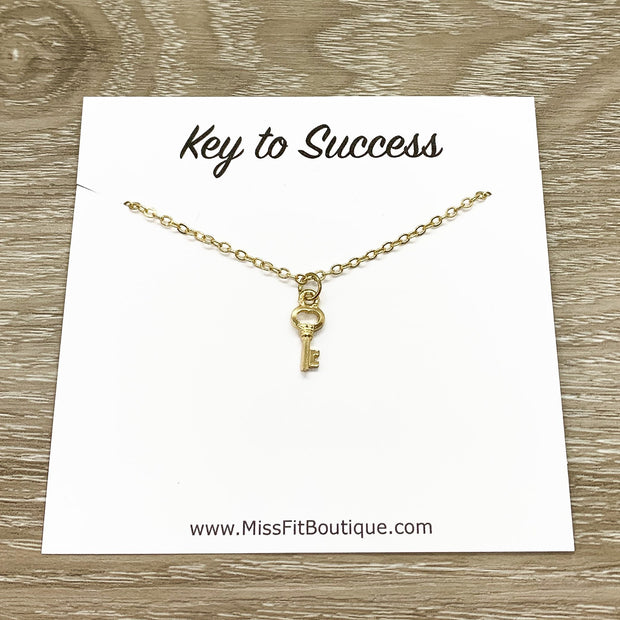 Key to Success Card, Tiny Silver Key Necklace, Gift for Student, Friendship Necklace, Key Shaped Pendant, Skeleton Key Charm, Student Gift