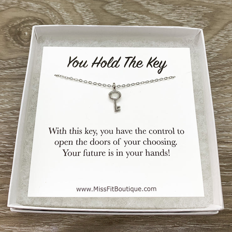 Tiny Silver Key Necklace, You Hold The Key Card, Gift for Student, Friendship Necklace, Key Shaped Pendant, Skeleton Key Charm, Student Gift