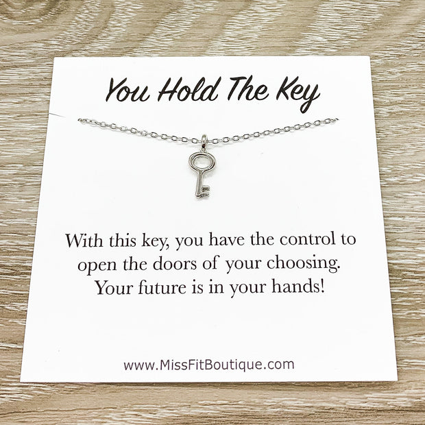 Tiny Silver Key Necklace, You Hold The Key Card, Gift for Student, Friendship Necklace, Key Shaped Pendant, Skeleton Key Charm, Student Gift