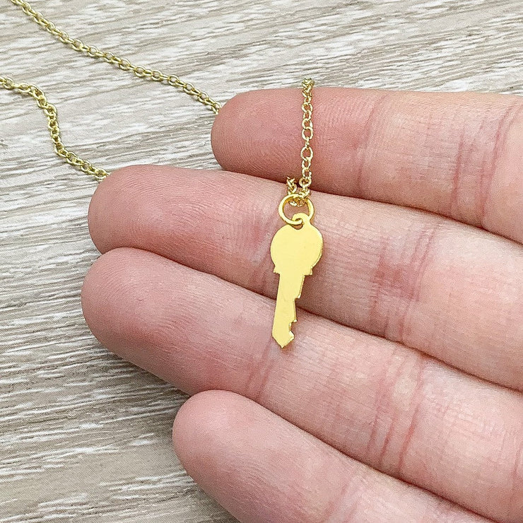 Tiny Gold Key Necklace, You Hold The Key Card, Gift for Student, Friendship Necklace, Key Shaped Pendant, Skeleton Key Charm, Student Gift