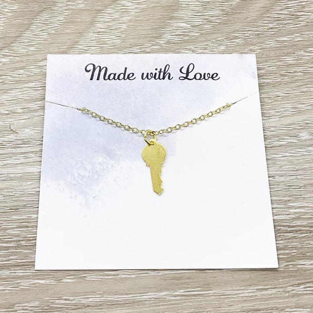 Tiny Gold Key Necklace, You Hold The Key Card, Gift for Student, Friendship Necklace, Key Shaped Pendant, Skeleton Key Charm, Student Gift