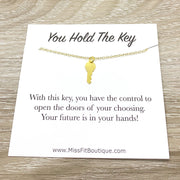 Tiny Gold Key Necklace, You Hold The Key Card, Gift for Student, Friendship Necklace, Key Shaped Pendant, Skeleton Key Charm, Student Gift
