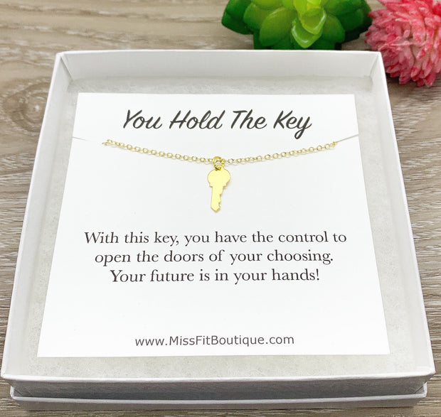 Tiny Gold Key Necklace, You Hold The Key Card, Gift for Student, Friendship Necklace, Key Shaped Pendant, Skeleton Key Charm, Student Gift