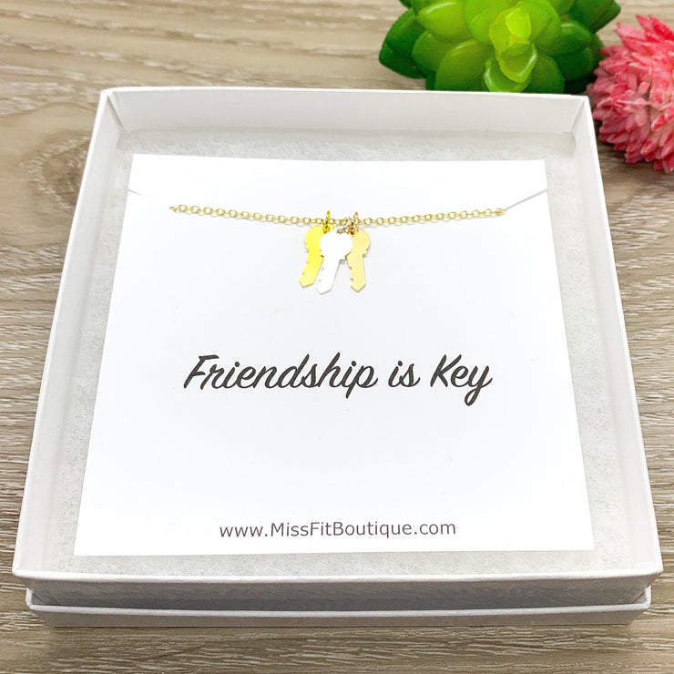 Friendship is Key Quote, Tiny Three Keys Necklace, Friendship Necklace, Gift for BFF, Key Shaped Pendant, Skeleton Key Charm, Teen Girl Gift