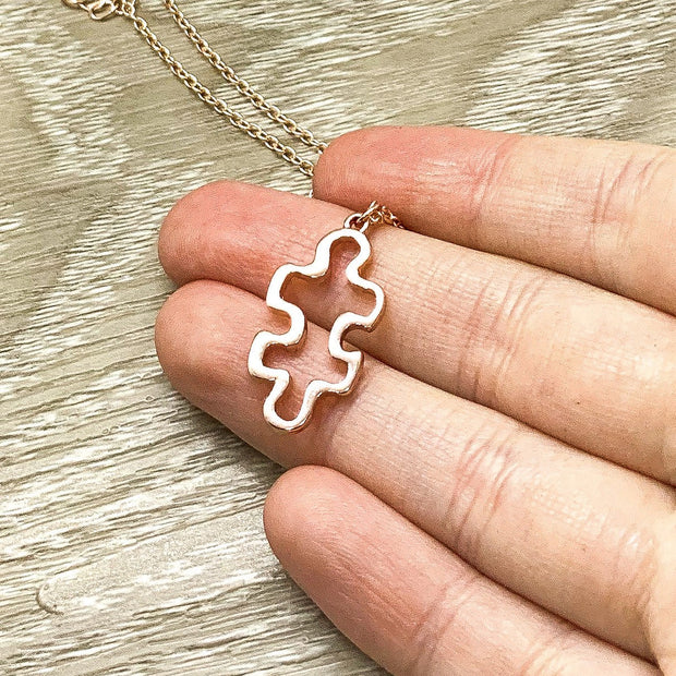 Puzzle Necklace, Outline Puzzle Piece Pendant, Puzzle Jewelry Rose Gold, Autism Awareness Gift, Gift for Mom with Child on Spectrum