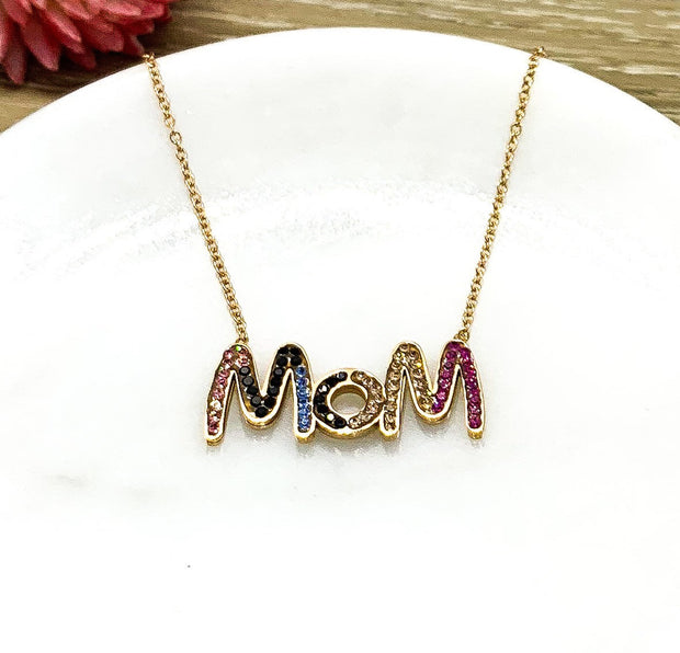 MOM Pendant, Minimalist Necklace, Rhinestones, Mom Jewelry, Mom Gift, Layering Necklace, Dainty Jewelry, Gift from Daughter, Gift from Kids