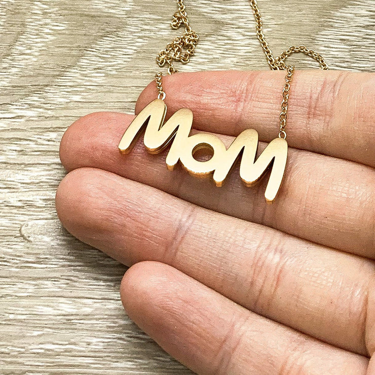 MOM Pendant, Minimalist Necklace, Rhinestones, Mom Jewelry, Mom Gift, Layering Necklace, Dainty Jewelry, Gift from Daughter, Gift from Kids