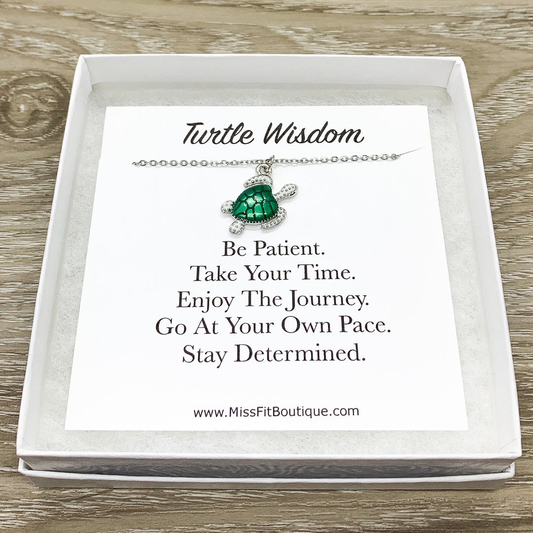 Turtle Wisdom Quote, Turtle Jewelry Gift, Green Turtle Charm Necklace, Beach Necklace, Minimalist Gift, Ocean Gift, Aquatic Animal Necklace