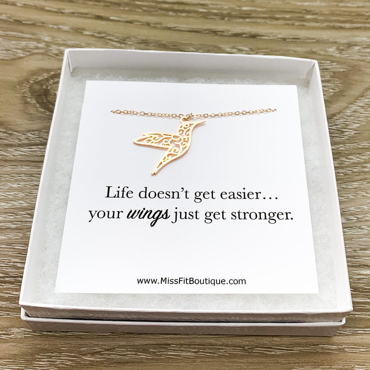 Hummingbird Necklace with Card, Bird Jewelry, Inspirational Gift, Nature Jewelry, Bird Lover Gift, Friendship Gift, Layering Necklace