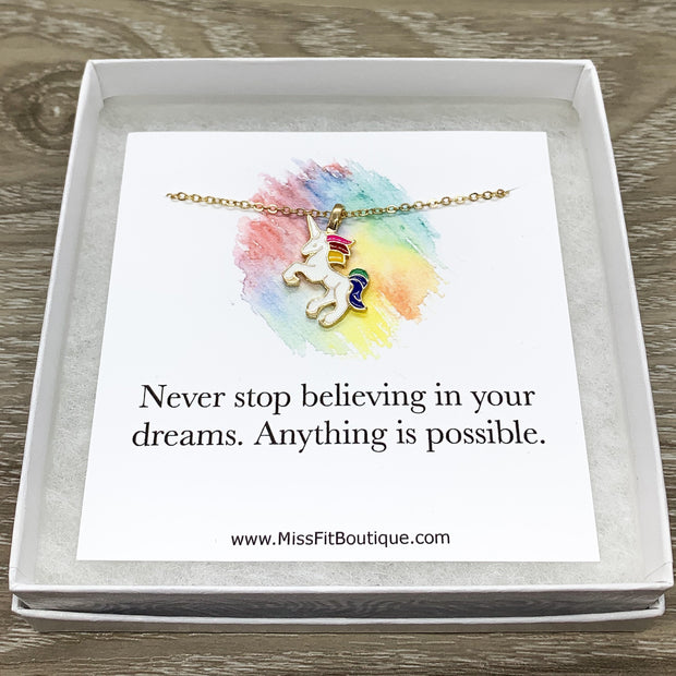 Rainbow Unicorn Necklace, Anything is Possible Quote, Unicorn Jewelry, Unicorn Lover Gift, Unicorn Pendant, Teen Girl Gift, Birthday Gift